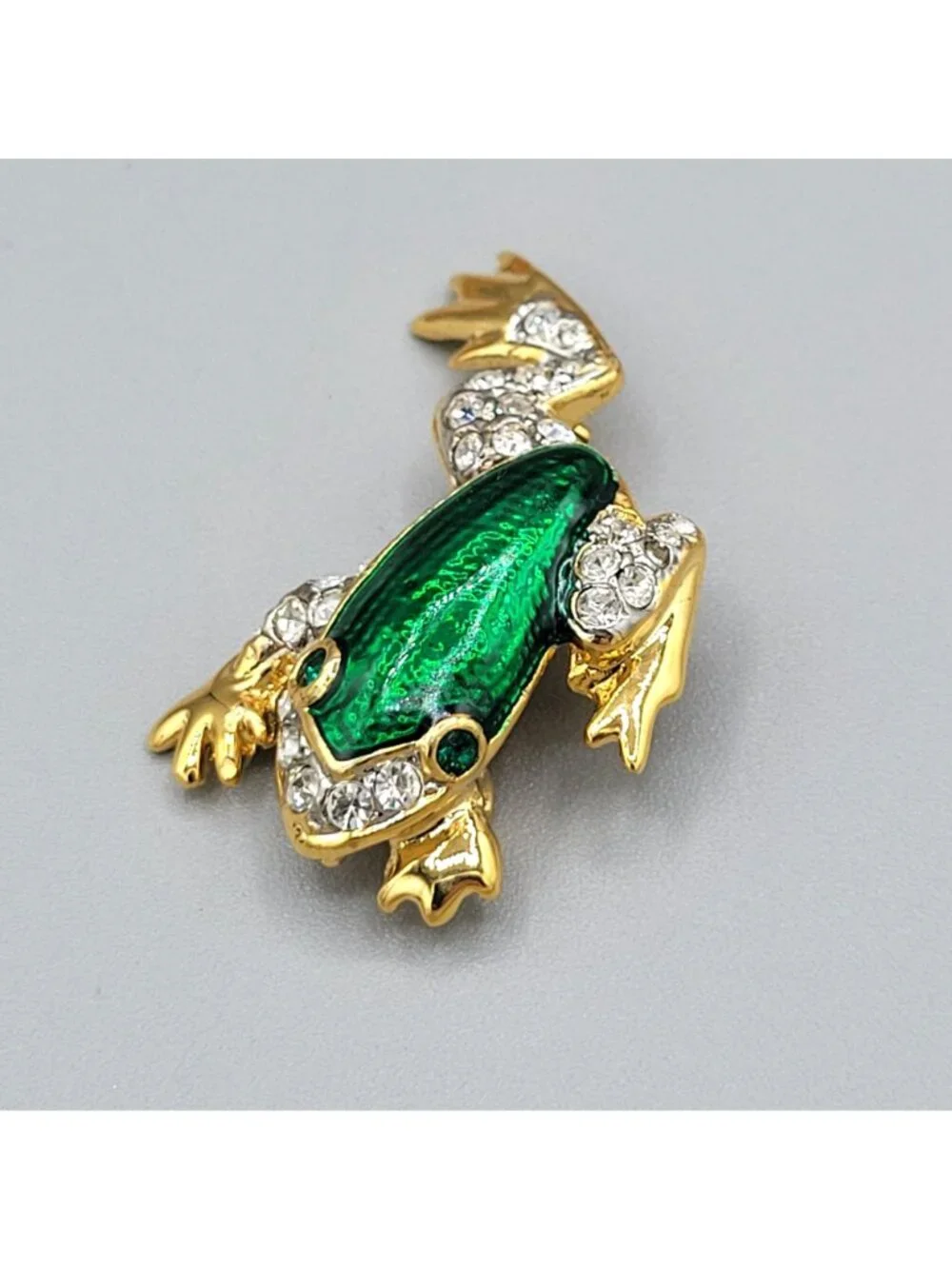Vintage Frog Brooch Green Enamel Body Clear Rhinestone Accents Textured Feet